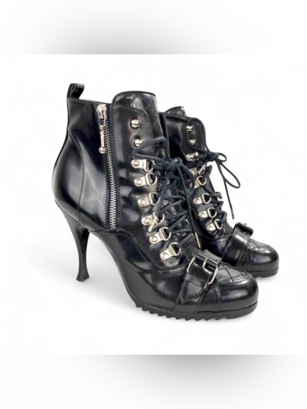 Balenciaga Black leather lace up boots Silver